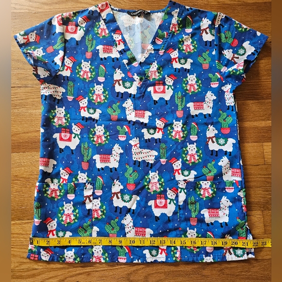 Cassandra O Holiday LlamaTheme Short Slv VNeck Medical Scrub Top Women's Small - Picture 5 of 10